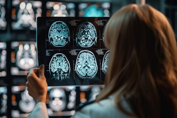 Aufkleber -  doctor holds a medical x-ray image of a patient's head. A variety of different shapes and sizes, indicating a complex medical condition. 