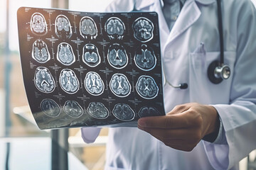 Aufkleber -  doctor holds a medical x-ray image of a patient's head. A variety of different shapes and sizes, indicating a complex medical condition. 