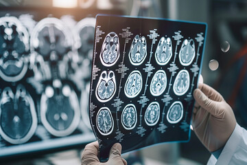 Aufkleber -  doctor holds a medical x-ray image of a patient's head. A variety of different shapes and sizes, indicating a complex medical condition. 