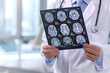 Aufkleber -  doctor holds a medical x-ray image of a patient's head. A variety of different shapes and sizes, indicating a complex medical condition. 