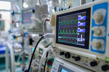 Aufkleber - a medical monitor displays a heart rate. the monitor is in a hospital setting. concept of urgency an