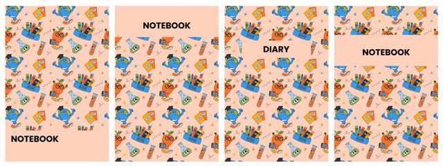 Back school cute notebook and diary cover with retro groovy characters. Back to school, education concept. Contemporary funky vector illustration set