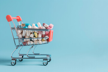 Wall Mural - A shopping cart full of medicine is on a blue background. The cart is overflowing with pills and the blue background gives a sense of calmness and serenity