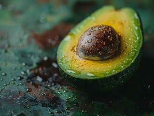 Sticker - Perfectly Ripe Avocado Sliced in Half Revealing Creamy Green Flesh and Seed Macro Close Up Shot with Copy Space