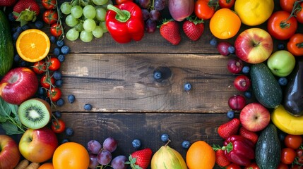 A colorful array of fresh fruits and vegetables artfully arranged on a rustic wooden table, showcasing the vibrancy of healthy eating