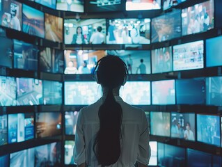 Image of a woman from behind as she monitors a wall of screens in a control room, suitable for tech wallpaper or background