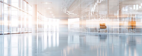 Poster - A modern office space is illuminated by the glow of holographic bankruptcy documents, projecting complex financial figures and charts. The minimalist design and generous copy space highlight the