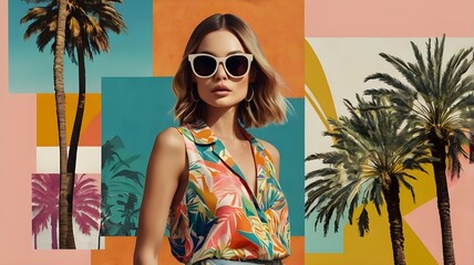 Chic summer mood board with a stylish woman in oversized sunglasses, featuring vintage cut-and-paste palm trees and vibrant abstract elements.