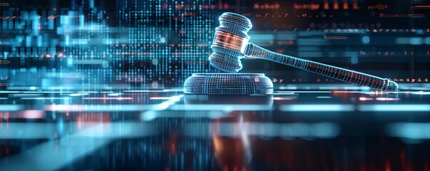 Poster - in a high-tech legal environment, a digital gavel is poised to strike virtual bankruptcy papers, ill