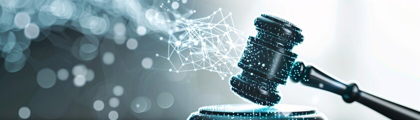 Poster - A conceptual image of a digital gavel impacting virtual bankruptcy documents on a transparent digital platform, representing the modernization of the legal system. The design is minimalistic, with