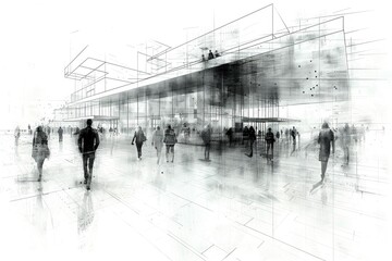 Wall Mural -  Abstract black and white architectural sketch of a bustling harbor with cranes and ships, high resolution