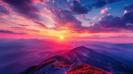 Wall Mural - A beautiful sunset over a mountain range with a bright orange sun