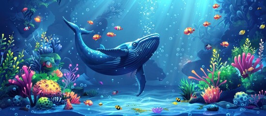 Wall Mural - A colorful underwater scene with a blue octopus and several fish