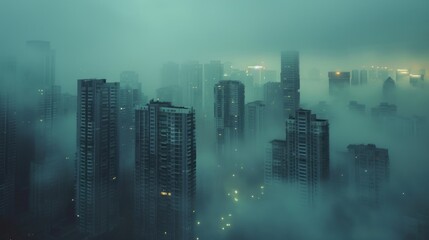 Wall Mural - A city skyline is shown in the fog with the buildings lit up at night. Scene is mysterious and eerie, as the fog obscures the details of the buildings and the lights