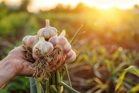 Harvesting Fresh Garlic in hand farmer