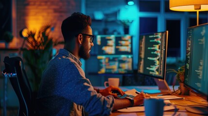 a software developer works on code late into the night, illuminated by the glow of multiple computer