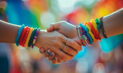 A close-up of LGBTQ hands holding each other, symbolizing unity, cooperation, and solidarity. The image conveys a powerful message of togetherness, support,  the strength found in the LGBTQ community