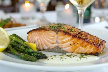 Wall Mural - Grilled salmon fillet served with asparagus and a lemon wedge on a white plate