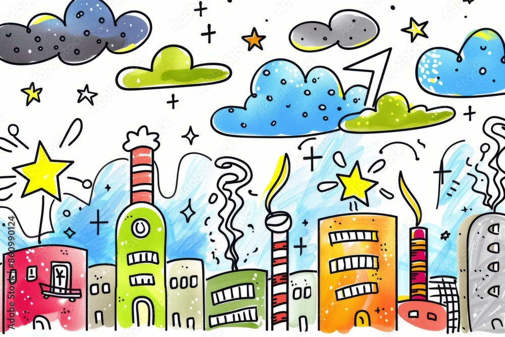 Cartoon cute doodles of a factory making dreams come true, with ...