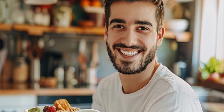 A smiling man in a cozy kitchen holding a bowl of nutritious food, radiating happiness and wellbeing AIG58