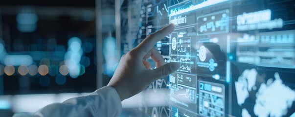 Poster - In a futuristic setting, a professional interacts with holographic bankruptcy documents through augmented reality, highlighting the looming financial difficulties ahead. The minimalist background