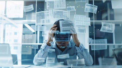 Poster - in a modern office, a worried businessperson uses augmented reality to review detailed bankruptcy do