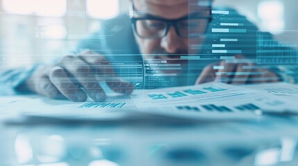 Poster - In a modern office, a worried businessperson uses augmented reality to review detailed bankruptcy documents, symbolizing future financial instability. The scene is designed with ample copy space,