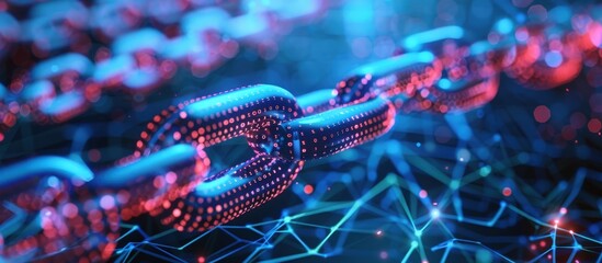 Wall Mural - Close-up of digital chains representing blockchain technology, illuminated with blue and red lights, showcasing a futuristic network.