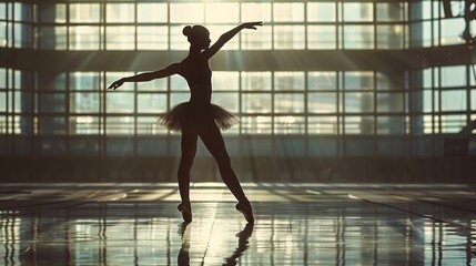 A woman in a ballet costume is dancing in front of a window