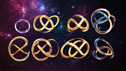 Wall Mural - infinity symbol, ring, golden. gold. glowing lights, neon lights, logo. copper. titanium. space background. black background