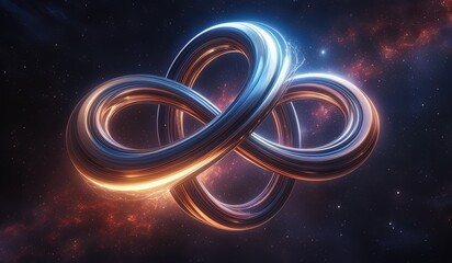 infinity symbol, ring, golden. gold. glowing lights, neon lights, logo. copper. titanium. space background. black background