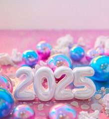 Wall Mural - Numbers 2025 for celebrating the new year 2025 Holographic fluid liquid glitter illustration art