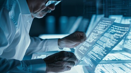 Poster - a businessman interacts with holographic bankruptcy documents in a futuristic office, the glowing pr