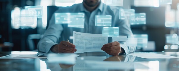 Poster - in a sleek, high-tech office, a businessman examines holographic bankruptcy documents hovering above