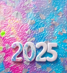 Wall Mural - Numbers 2025 for celebrating the new year 2025 Holographic fluid liquid glitter illustration art