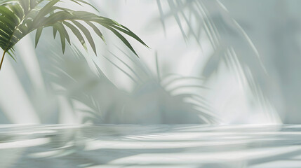 Poster - Minimalistic light background with blurred foliage shadow on a light wall Beautiful background for presentation with with marble floor : Generative AI