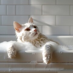 A cute white kitten with fluffy fur and beautiful blue eyes is playfully perched on the window sill, surrounded by a cozy home environment.