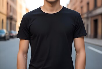 Young Model Shirt Mockup, Boy wearing a black t-shirt on the street in daylight, Shirt Mockup Template on hipster adult for design print, Male guy wearing casual t-shirt mockup placement
