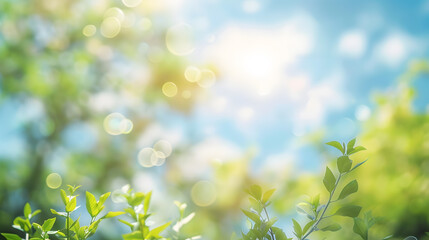 Poster - Beautiful blurred background image of spring nature with surrounded by trees against a blue sky with clouds on a bright sunny day : Generative AI