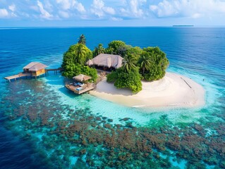 Wall Mural - A drone shot captures a tiny island with palm trees, beach huts, and surrounding coral reef