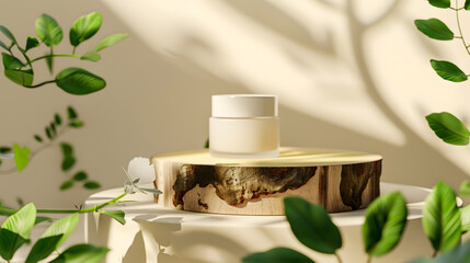 Poster - Minimal modern product display on neutral beige background Wood slice podium and green leaves Concept scene stage showcase for new product promotion sale banner presentation cosmetic : Generative AI