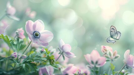 Poster - Beautiful pink flower anemones fresh spring morning on nature and fluttering butterfly on soft green background macro Spring template elegant amazing artistic image free space : Generative AI