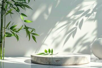 Aufkleber - Minimalistic design featuring a round podium with palm tree shadow patterns on a textured wall