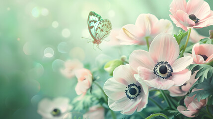 Poster - Beautiful pink flower anemones fresh spring morning on nature and fluttering butterfly on soft green background macro Spring template elegant amazing artistic image free space : Generative AI