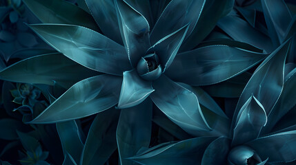 Wall Mural - agave cactus abstract natural pattern background dark blue toned : Generative AI