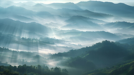 Poster - Beautiful Landscape of mountain layer in morning sun ray and winter fog at  Doi Hua Mae Kham  Mae Salong Nai Chiangrai Thailand : Generative AI