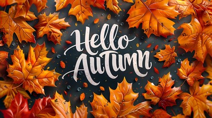 Wall Mural - A close-up of a card featuring the words hello Autumn in elegant lettering, set against a maple leaves background