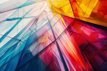 Wall Mural - Colorful geometric shapes from a modern glass building create an artistic abstract pattern, reflecting urban dynamism and creativity