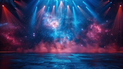 Wall Mural - An empty stage lit by spotlights with stars and smoke