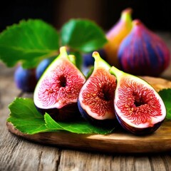 Wall Mural - Closeup of Freshly Cut Juicy Figs on a Rustic Wooden Board with Leaves